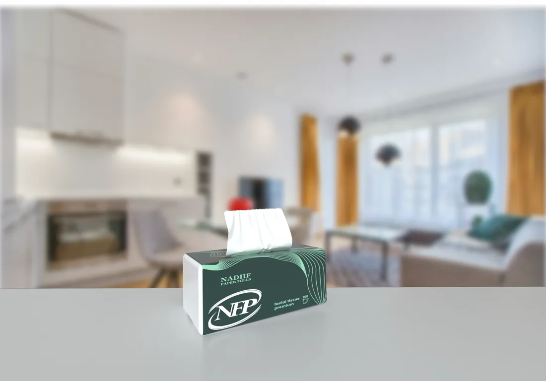 Nadiif Premium green facial tissue box on a table in a bright living room